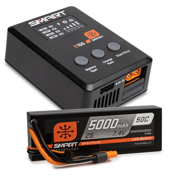 SPEKTRUM - Smart Powerstage Surface Bundle: 5000mAh 2S 50C LiPo Battery (IC3) / 100W S100 Charger (SPMX-1031)