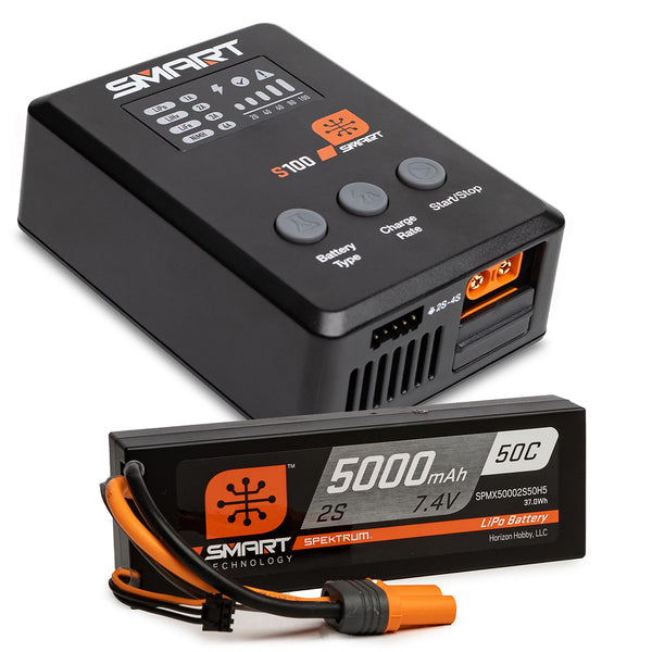 SPEKTRUM - Smart Powerstage Surface Bundle: 5000mAh 2S 50C LiPo Battery (IC5) / 100W S100 Charger (SPMX-1032)