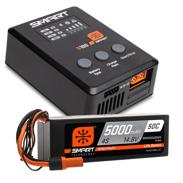SPEKTRUM - Smart Powerstage Surface Bundle: 5000mAh 4S 50C LiPo Battery (IC5) / 100W S100 Charger (SPMX-1035)