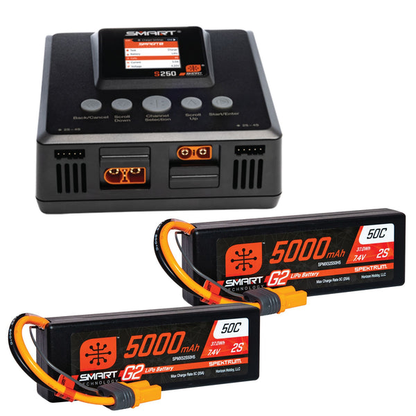 SPEKTRUM - Smart Powerstage 4S Surface Bundle: (2) G2 5000mAh 2S LiPo IC5 & S250 Charger (SPMXPSS500)