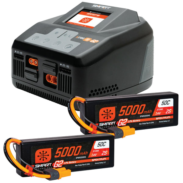 SPEKTRUM - Smart Powerstage 4S Surface Bundle: (2) G2 5000mAh 2S LiPo IC5 & S2100 Charger (SPMXPSS550)