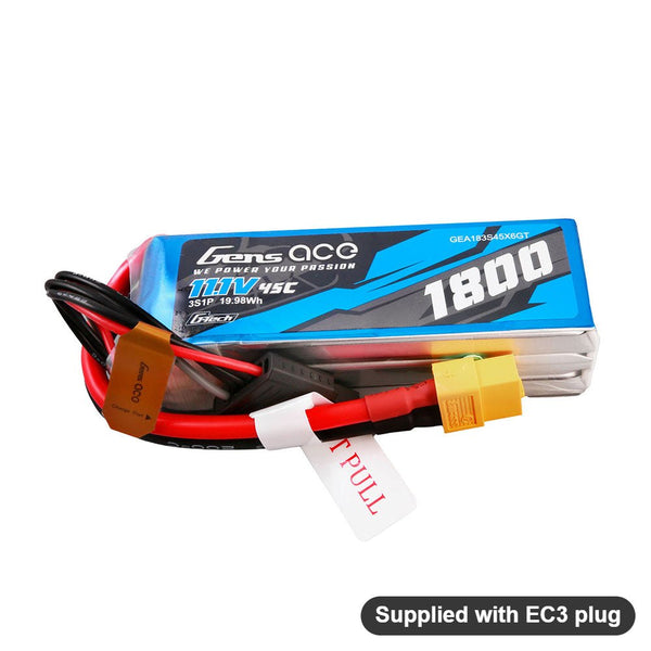 GENS ACE - 1800mAh 11.1V 3S1P 45C LiPo Battery 92x31x25mm 150g With EC3 Plug (GA1800-3S45-EC3)