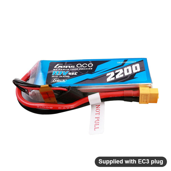 GENS ACE - 2200mAh 11.1V 3S1P 45C LiPo Battery 106x34x24mm 190g w/EC3 Plug (GA2200-3S45-EC3)