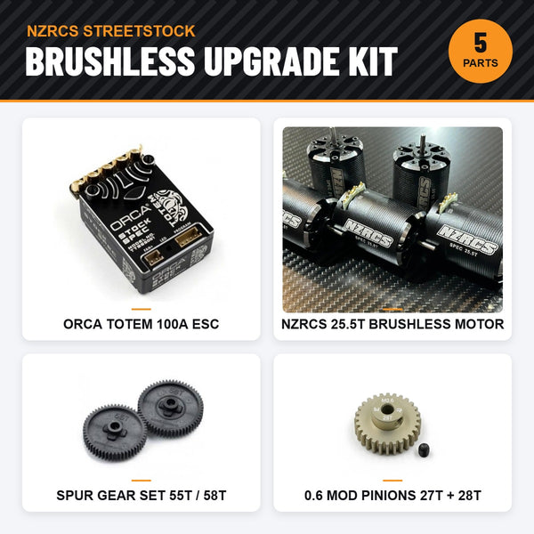 NZRCS Streetstock Brushless Upgrade Kit - Orca Totem ESC, NZRCS 25.5T motor, spur gear set and pinions